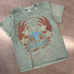 Vintage Y2K Aerosmith Green Band Tour Graphic Tee Acid Wash Soft Casual Large